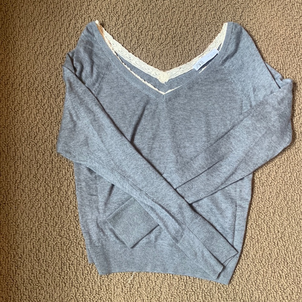Light grey Zara sweater with lace neckline